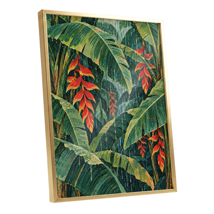 Heliconia Rain, green, red, orange floral wall art shown as a gold framed poster wall art print