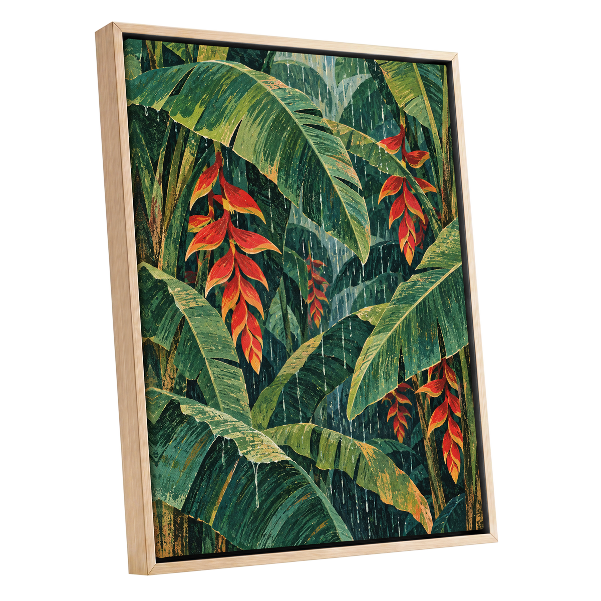 Heliconia Rain, green, red, orange floral wall art shown as a oak framed canvas wall art