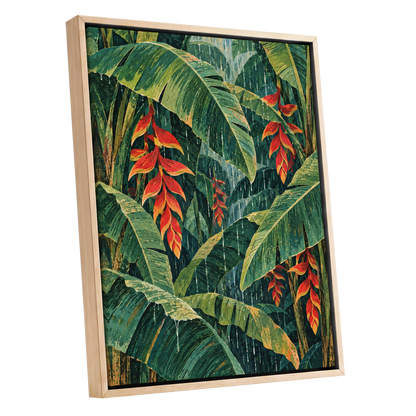 Heliconia Rain, green, red, orange floral wall art shown as a oak framed canvas wall art