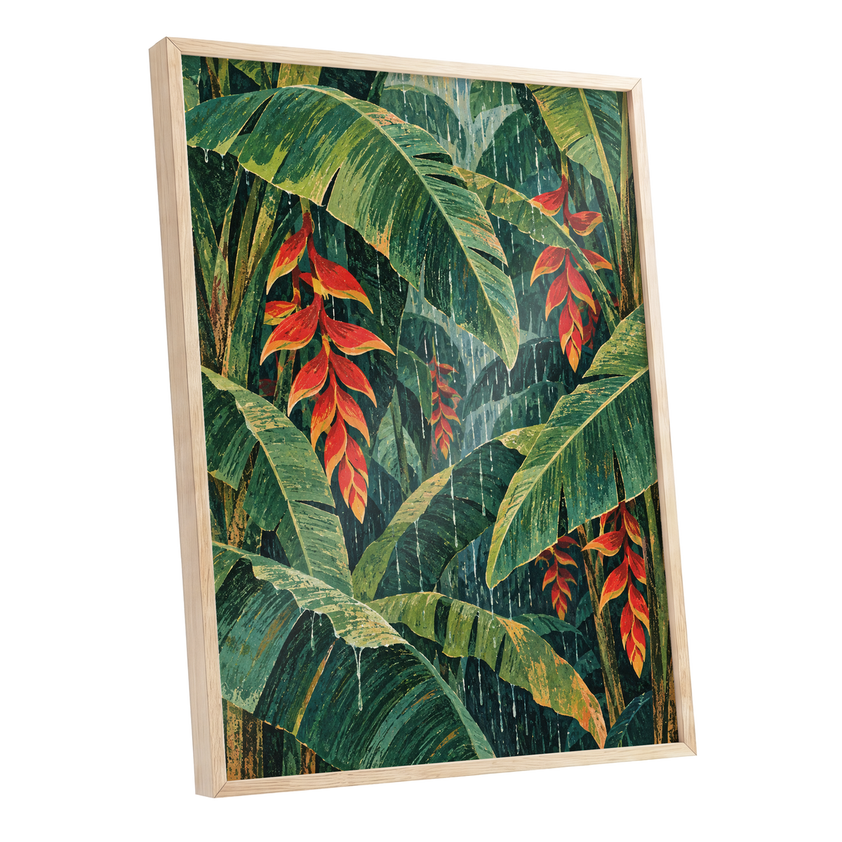 Heliconia Rain, green, red, orange floral wall art shown as a oak framed poster wall art print