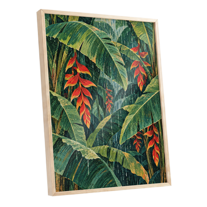 Heliconia Rain, green, red, orange floral wall art shown as a oak framed poster wall art print