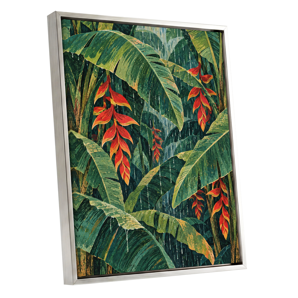 Heliconia Rain, green, red, orange floral wall art shown as a silver framed canvas wall art