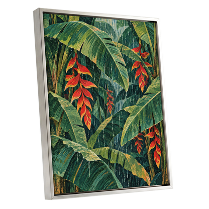 Heliconia Rain, green, red, orange floral wall art shown as a silver framed canvas wall art