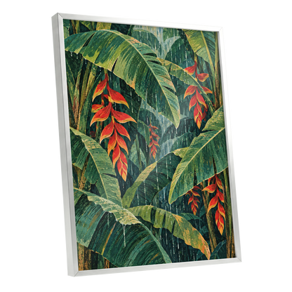 Heliconia Rain, green, red, orange floral wall art shown as a silver framed poster wall art print