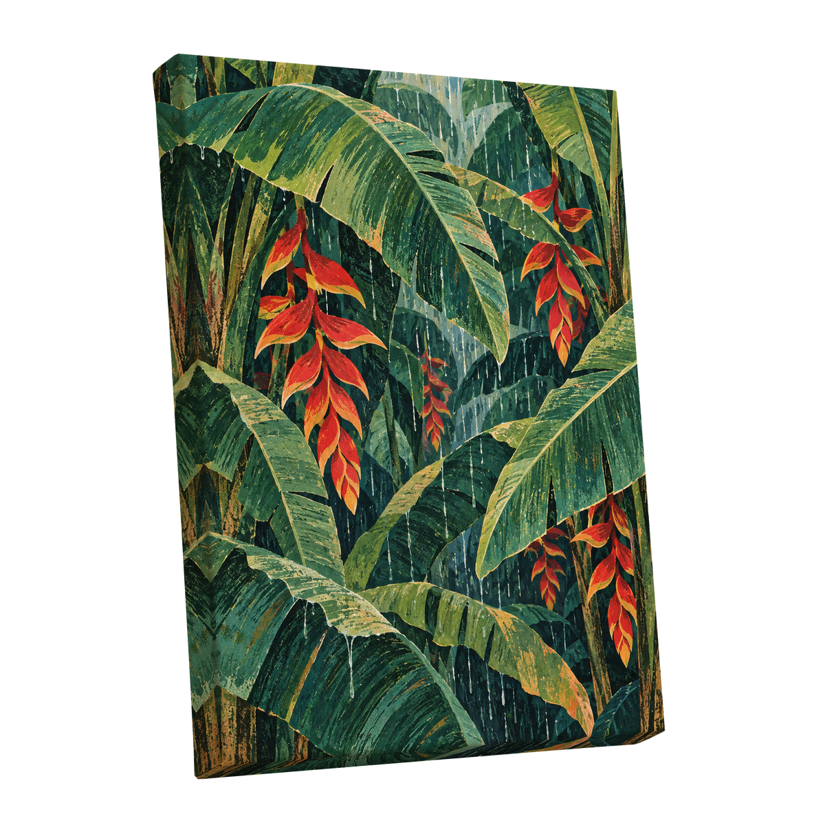 Heliconia Rain, green, red, orange floral wall art shown as a stretched canvas wall art