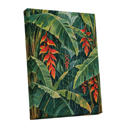 Heliconia Rain, green, red, orange floral wall art shown as a stretched canvas wall art