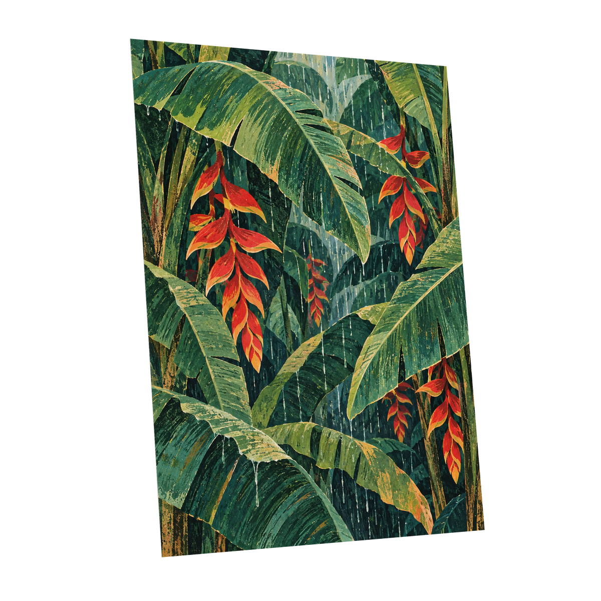 Heliconia Rain, green, red, orange floral wall art shown as a unframed poster wall art print