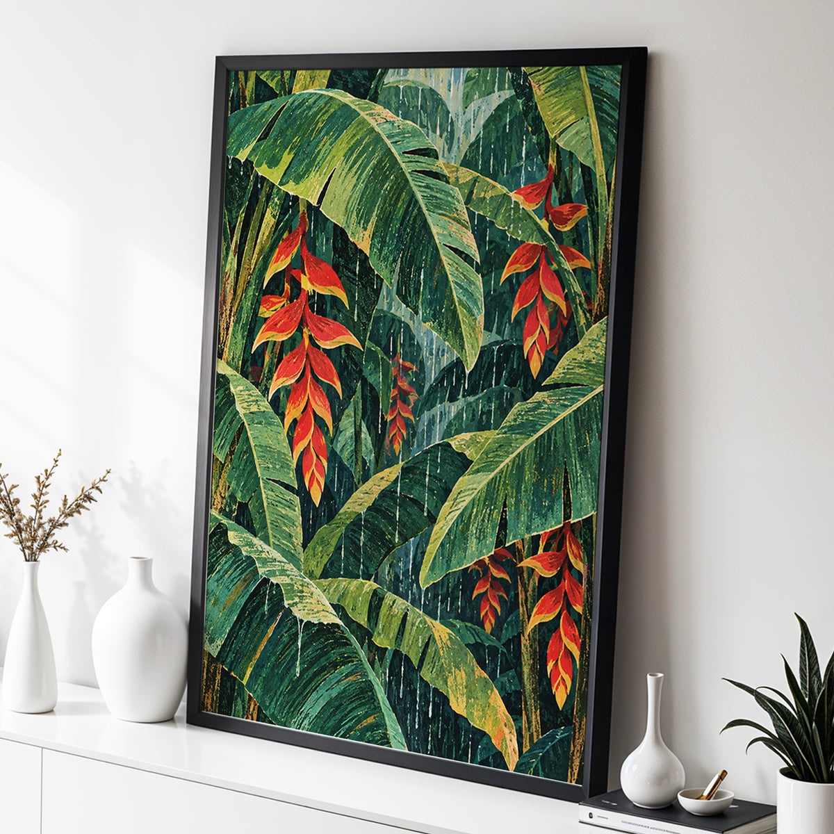 Heliconia Rain, green, red, orange floral wall art displayed in a styled interior, gallery view 2