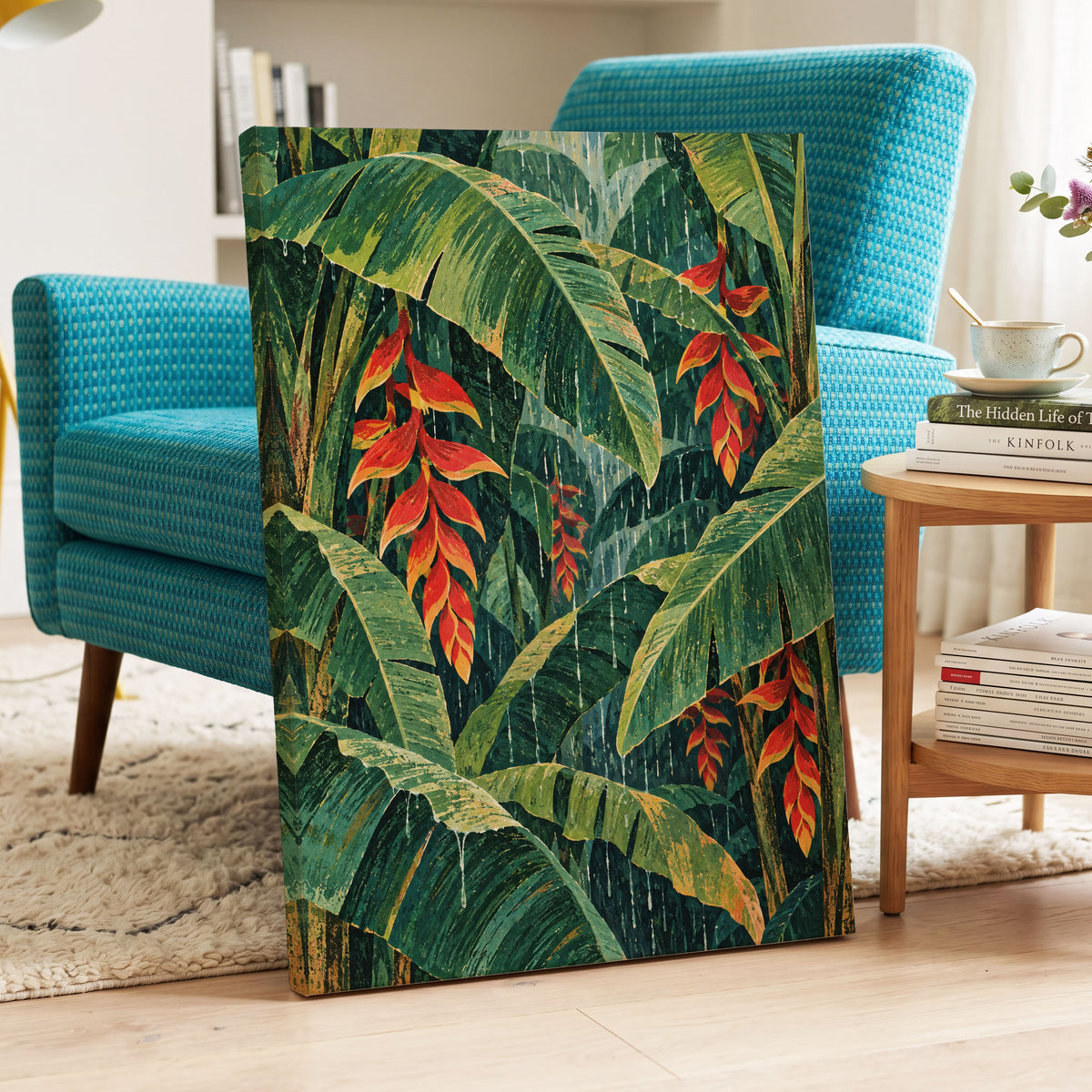 Heliconia Rain, green, red, orange floral wall art displayed in a styled interior, gallery view 3