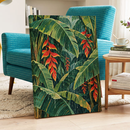 Heliconia Rain, green, red, orange floral wall art displayed in a styled interior, gallery view 3