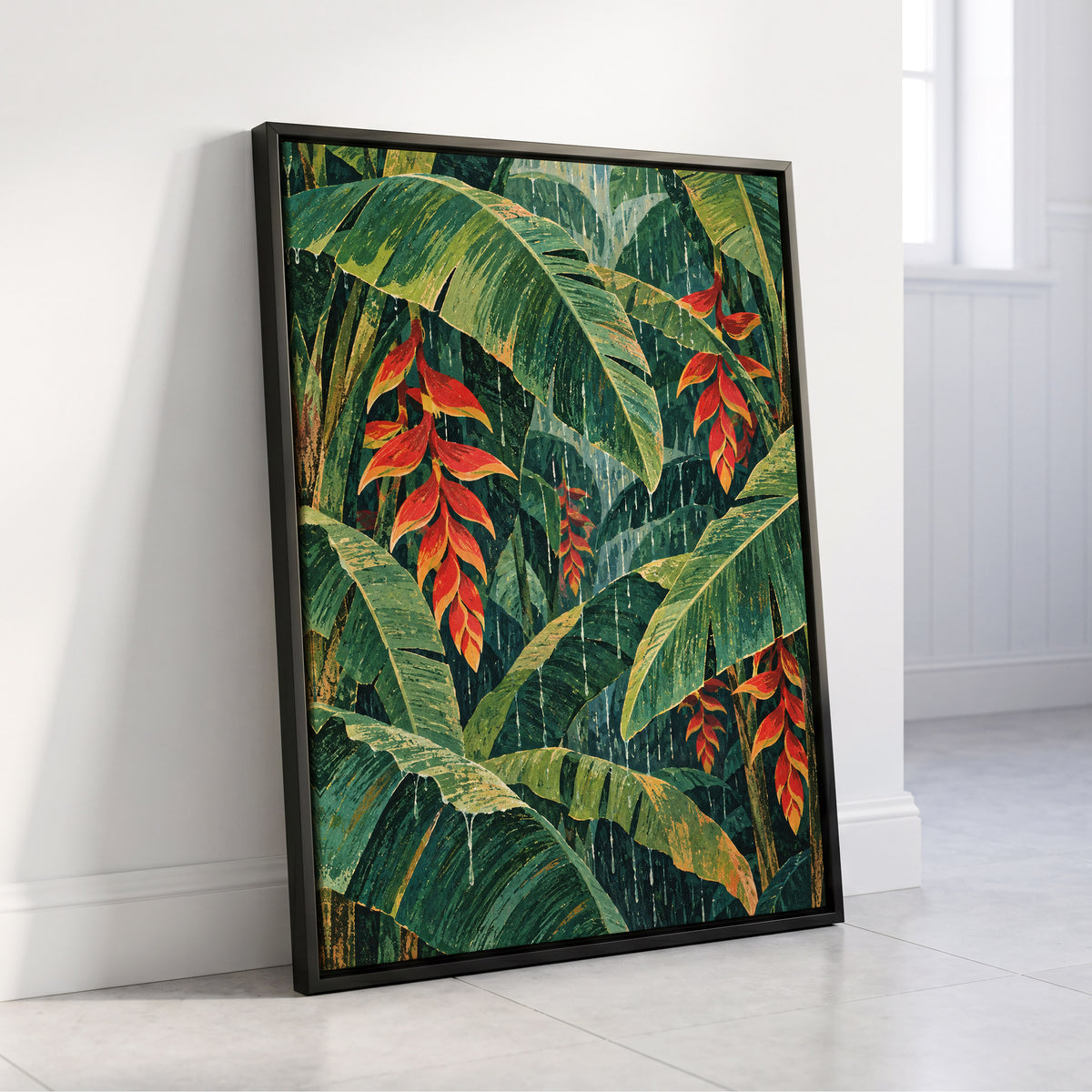 Heliconia Rain, green, red, orange floral wall art displayed in a styled interior, gallery view 4