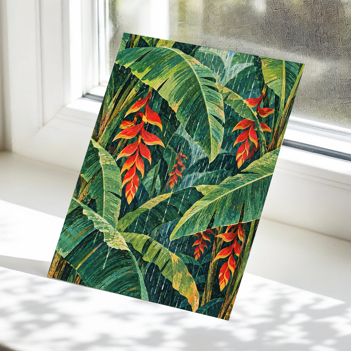 Heliconia Rain, green, red, orange floral wall art displayed in a styled interior, gallery view 5