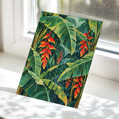 Heliconia Rain, green, red, orange floral wall art displayed in a styled interior, gallery view 5