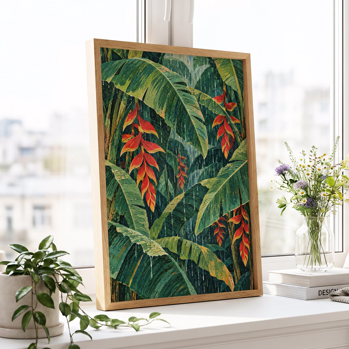 Heliconia Rain, green, red, orange floral wall art displayed in a styled interior, gallery view 6