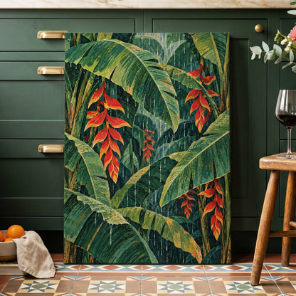 Heliconia Rain, green, red, orange floral wall art displayed in a styled interior, gallery view 7