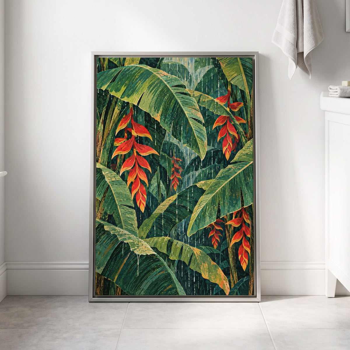 Heliconia Rain, green, red, orange floral wall art displayed in a styled interior, gallery view 8