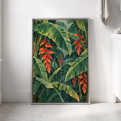 Heliconia Rain, green, red, orange floral wall art displayed in a styled interior, gallery view 8