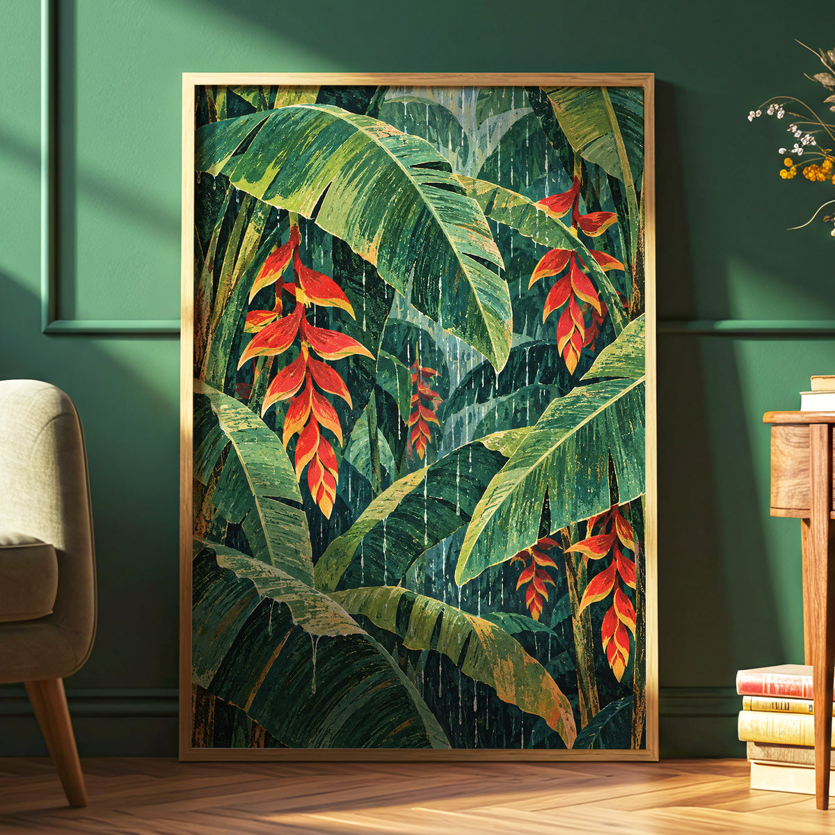 Heliconia Rain, green, red, orange floral wall art displayed in a styled interior, gallery view 9