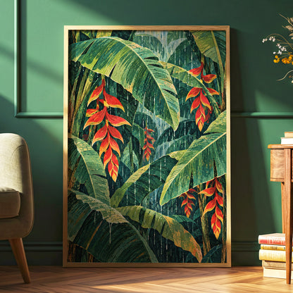 Heliconia Rain, green, red, orange floral wall art displayed in a styled interior, gallery view 9