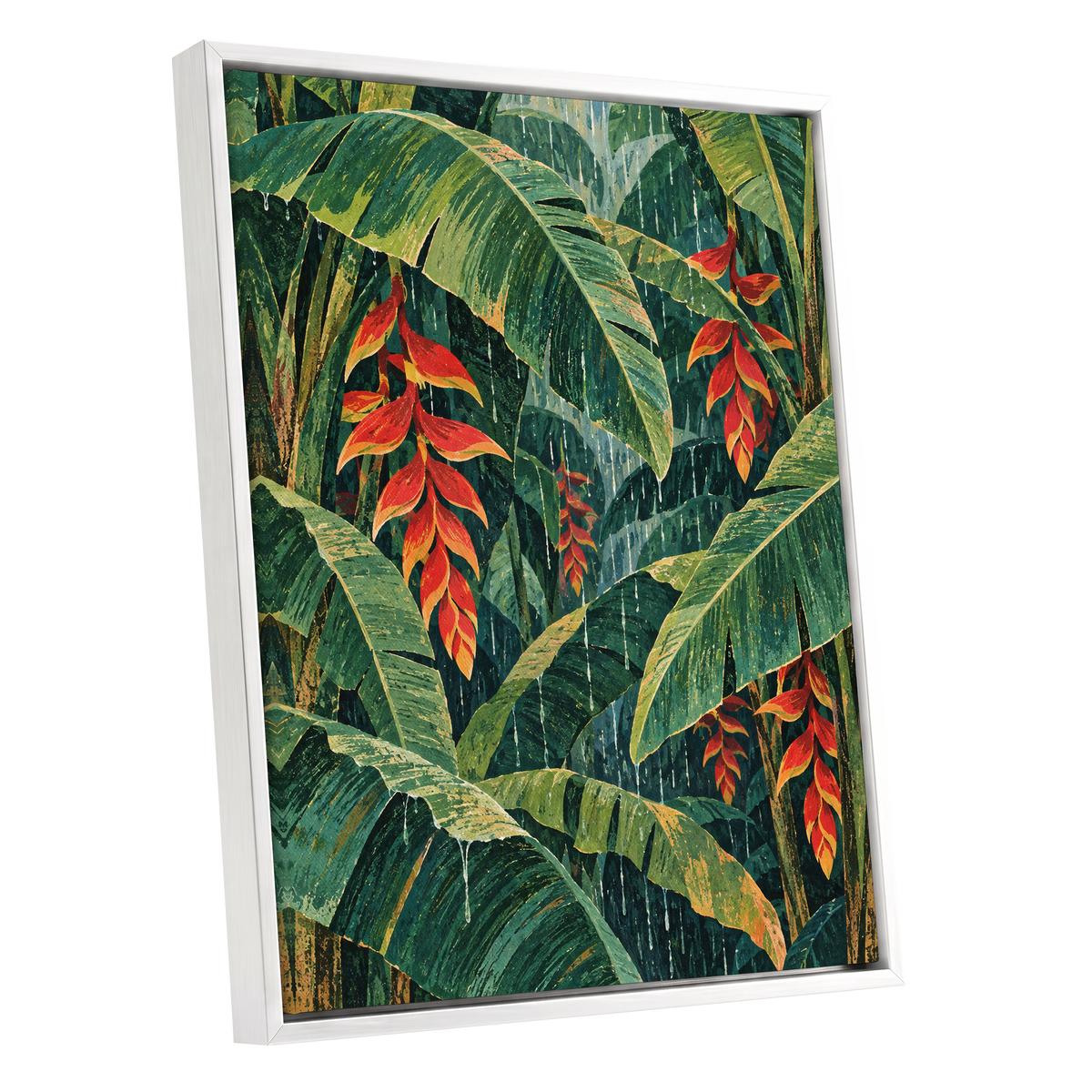 Heliconia Rain, green, red, orange floral wall art shown as a white framed canvas wall art