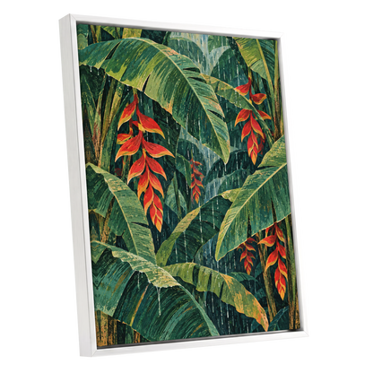 Heliconia Rain, green, red, orange floral wall art shown as a white framed canvas wall art