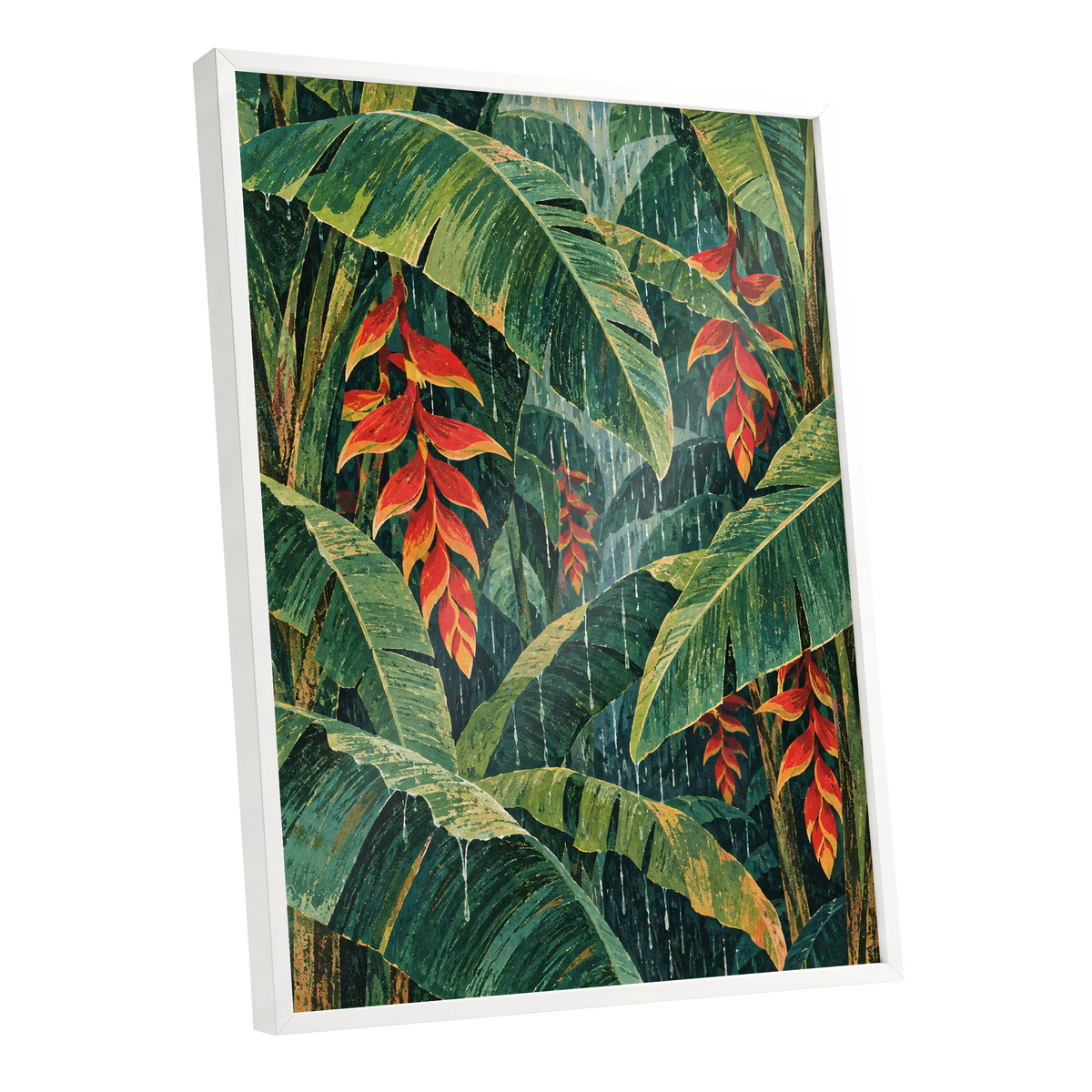 Heliconia Rain, green, red, orange floral wall art shown as a white framed poster wall art print