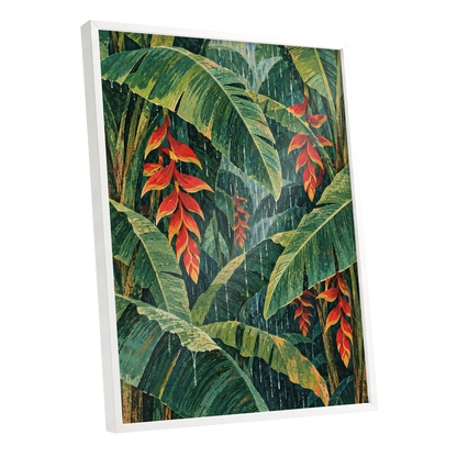 Heliconia Rain, green, red, orange floral wall art shown as a white framed poster wall art print