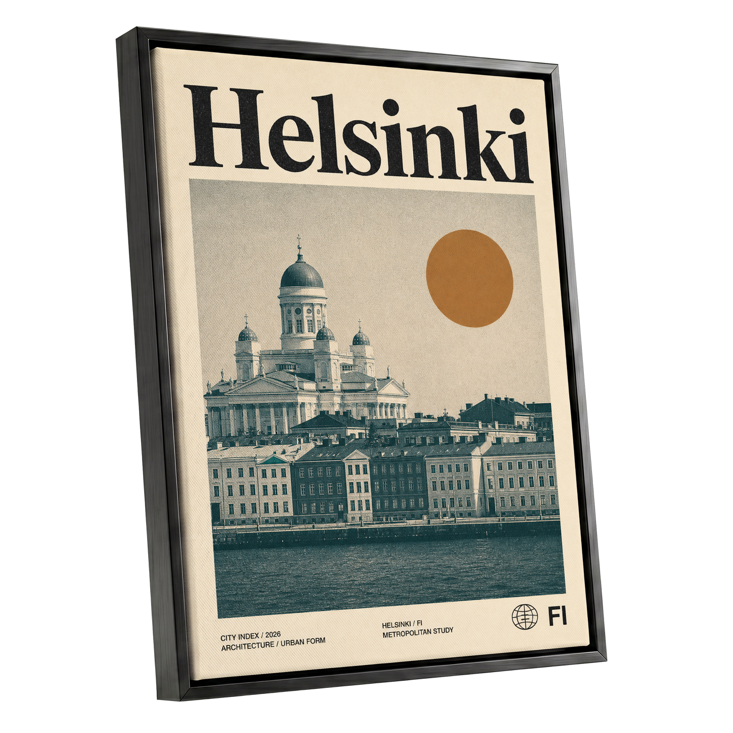 Helsinki Ochre Skyline, beige, green, orange minimalist wall art shown as a black framed canvas wall art