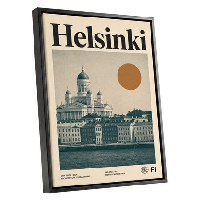 Helsinki Ochre Skyline, beige, green, orange minimalist wall art shown as a black framed canvas wall art