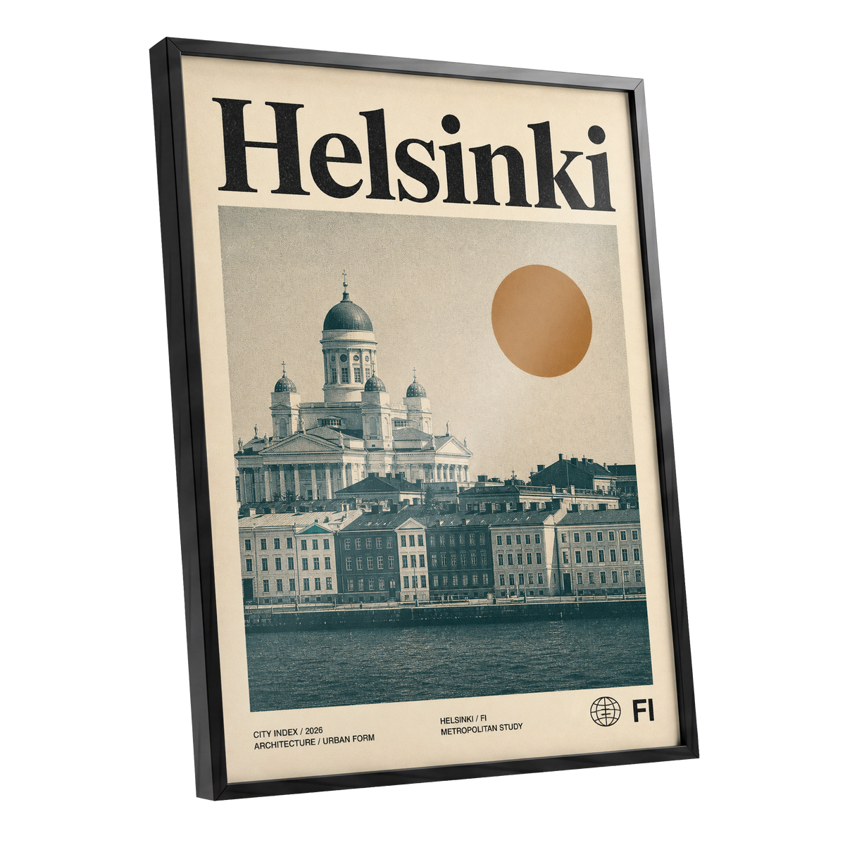 Helsinki Ochre Skyline, beige, green, orange minimalist wall art shown as a black framed poster wall art print