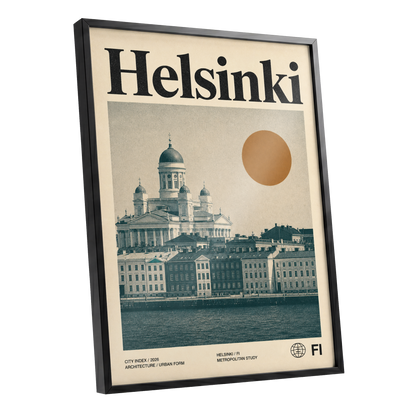 Helsinki Ochre Skyline, beige, green, orange minimalist wall art shown as a black framed poster wall art print