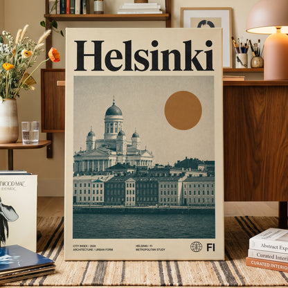 Helsinki Ochre Skyline, beige, green, orange minimalist wall art on canvas displayed in a styled interior, gallery view 1