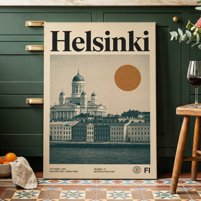 Helsinki Ochre Skyline, beige, green, orange minimalist wall art on canvas displayed in a styled interior, gallery view 2