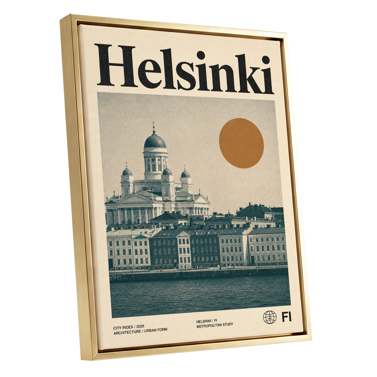 Helsinki Ochre Skyline, beige, green, orange minimalist wall art shown as a gold framed canvas wall art