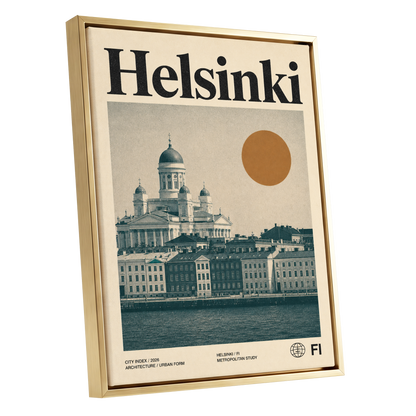 Helsinki Ochre Skyline, beige, green, orange minimalist wall art shown as a gold framed canvas wall art