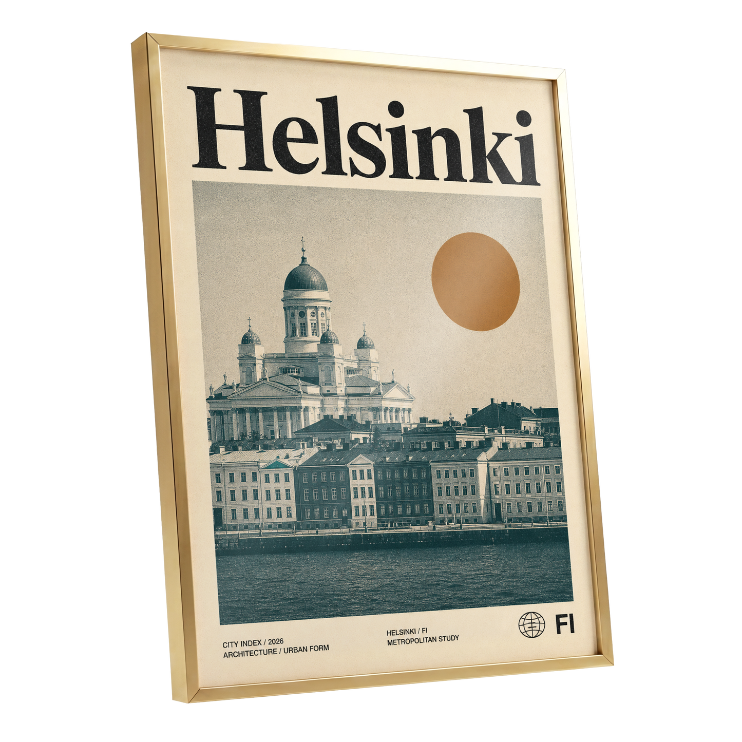 Helsinki Ochre Skyline, beige, green, orange minimalist wall art shown as a gold framed poster wall art print