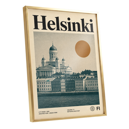 Helsinki Ochre Skyline, beige, green, orange minimalist wall art shown as a gold framed poster wall art print