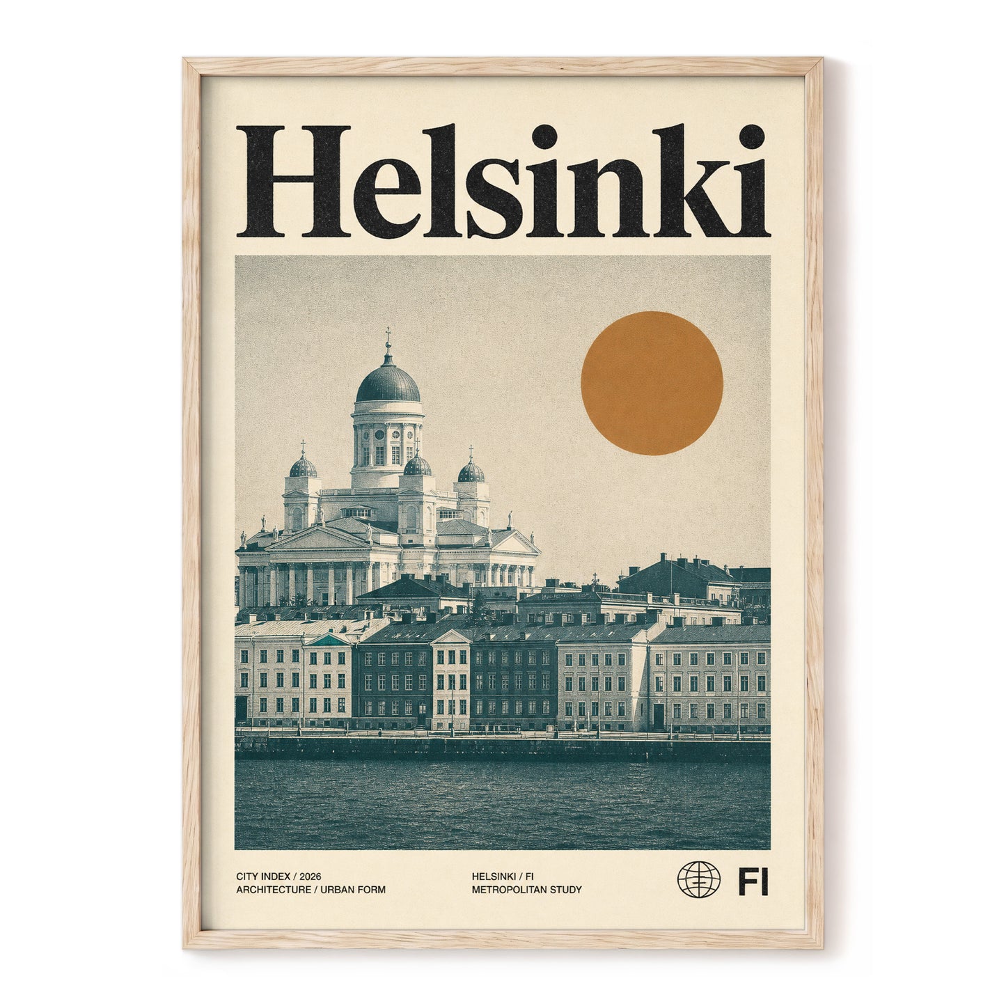 Helsinki Ochre Skyline, beige, green, orange minimalist wall art, front artwork view