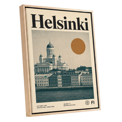 Helsinki Ochre Skyline, beige, green, orange minimalist wall art shown as a oak framed canvas wall art