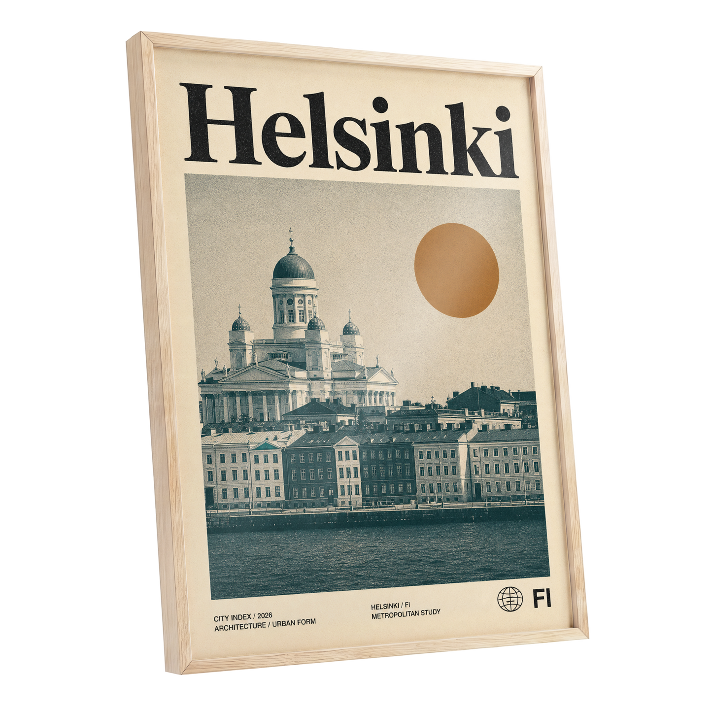 Helsinki Ochre Skyline, beige, green, orange minimalist wall art shown as a oak framed poster wall art print