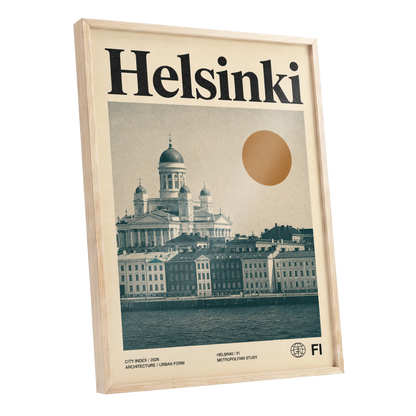 Helsinki Ochre Skyline, beige, green, orange minimalist wall art shown as a oak framed poster wall art print
