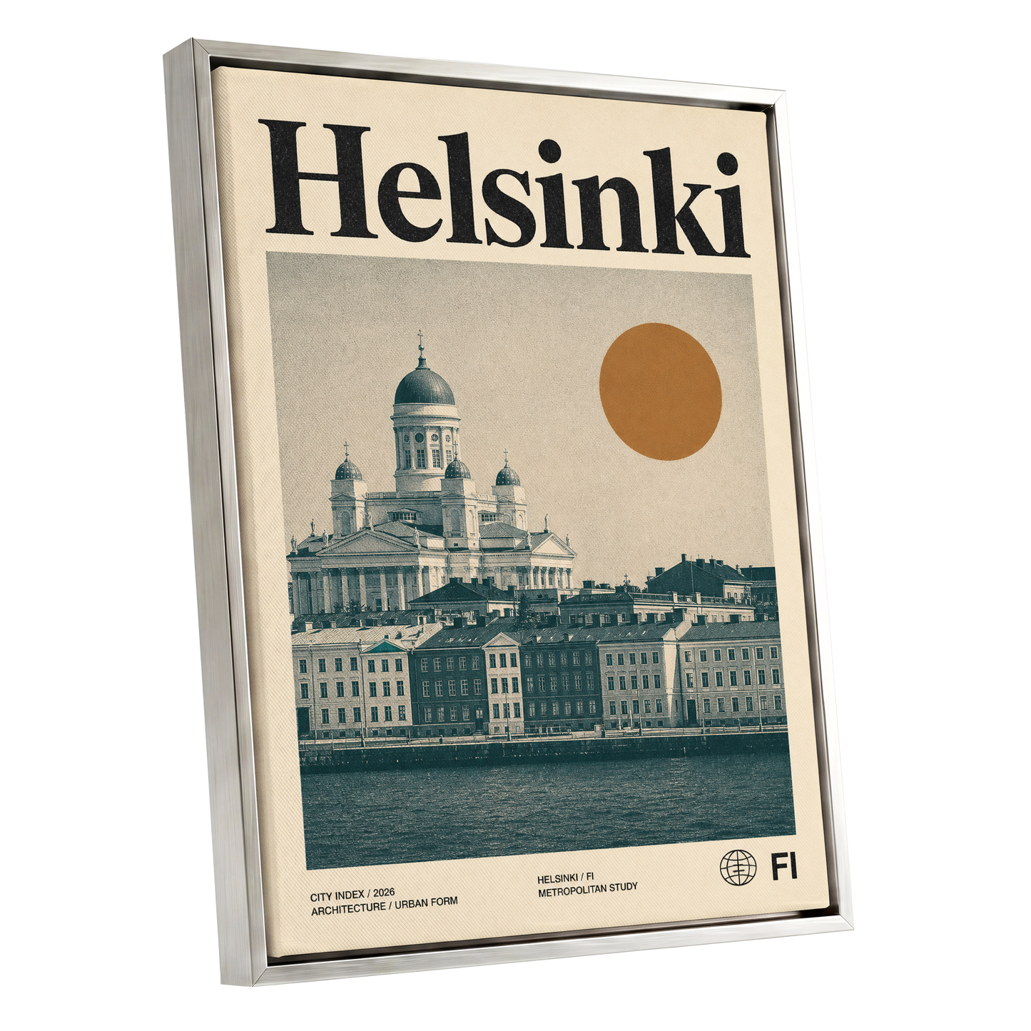 Helsinki Ochre Skyline, beige, green, orange minimalist wall art shown as a silver framed canvas wall art