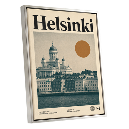 Helsinki Ochre Skyline, beige, green, orange minimalist wall art shown as a silver framed canvas wall art