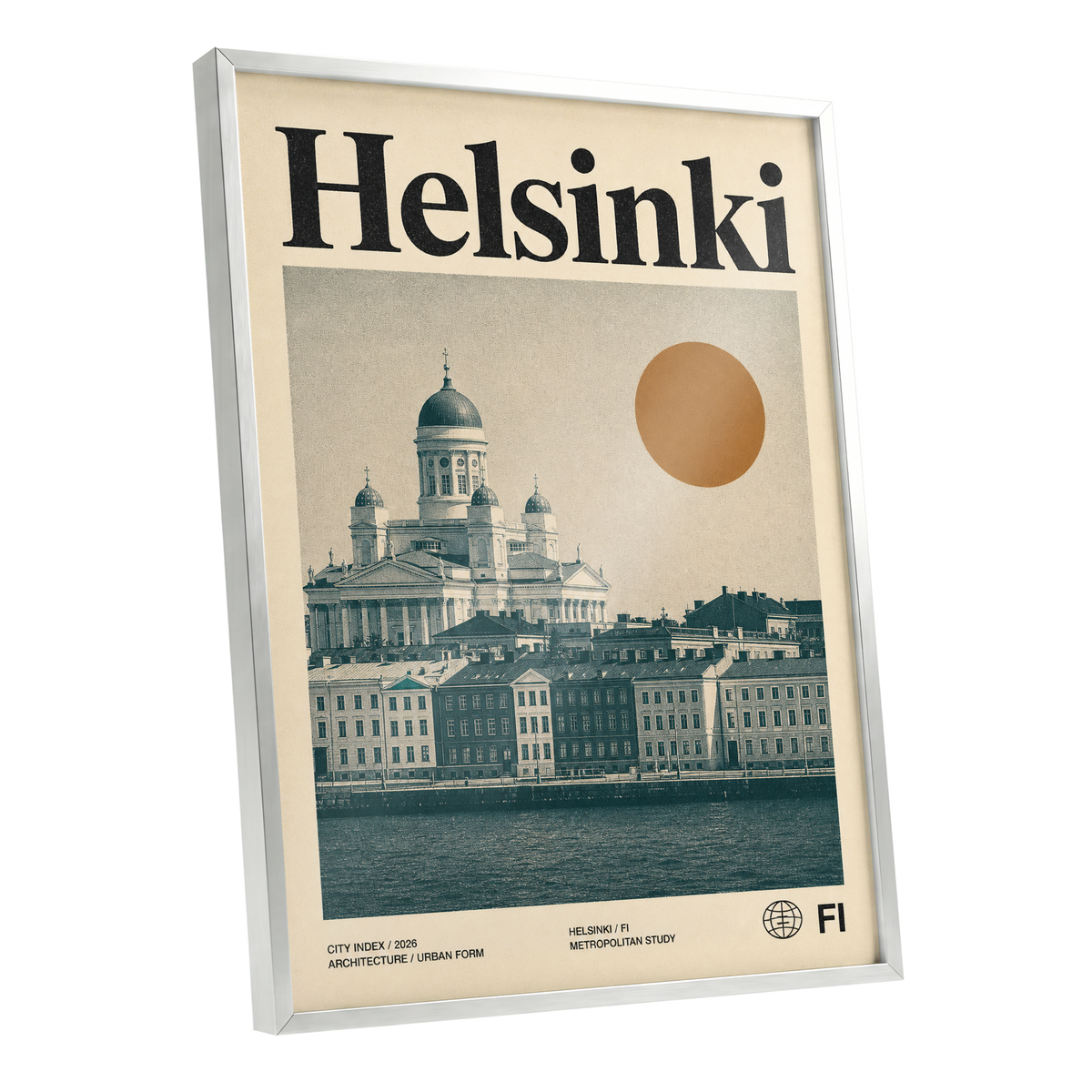Helsinki Ochre Skyline, beige, green, orange minimalist wall art shown as a silver framed poster wall art print