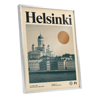 Helsinki Ochre Skyline, beige, green, orange minimalist wall art shown as a silver framed poster wall art print