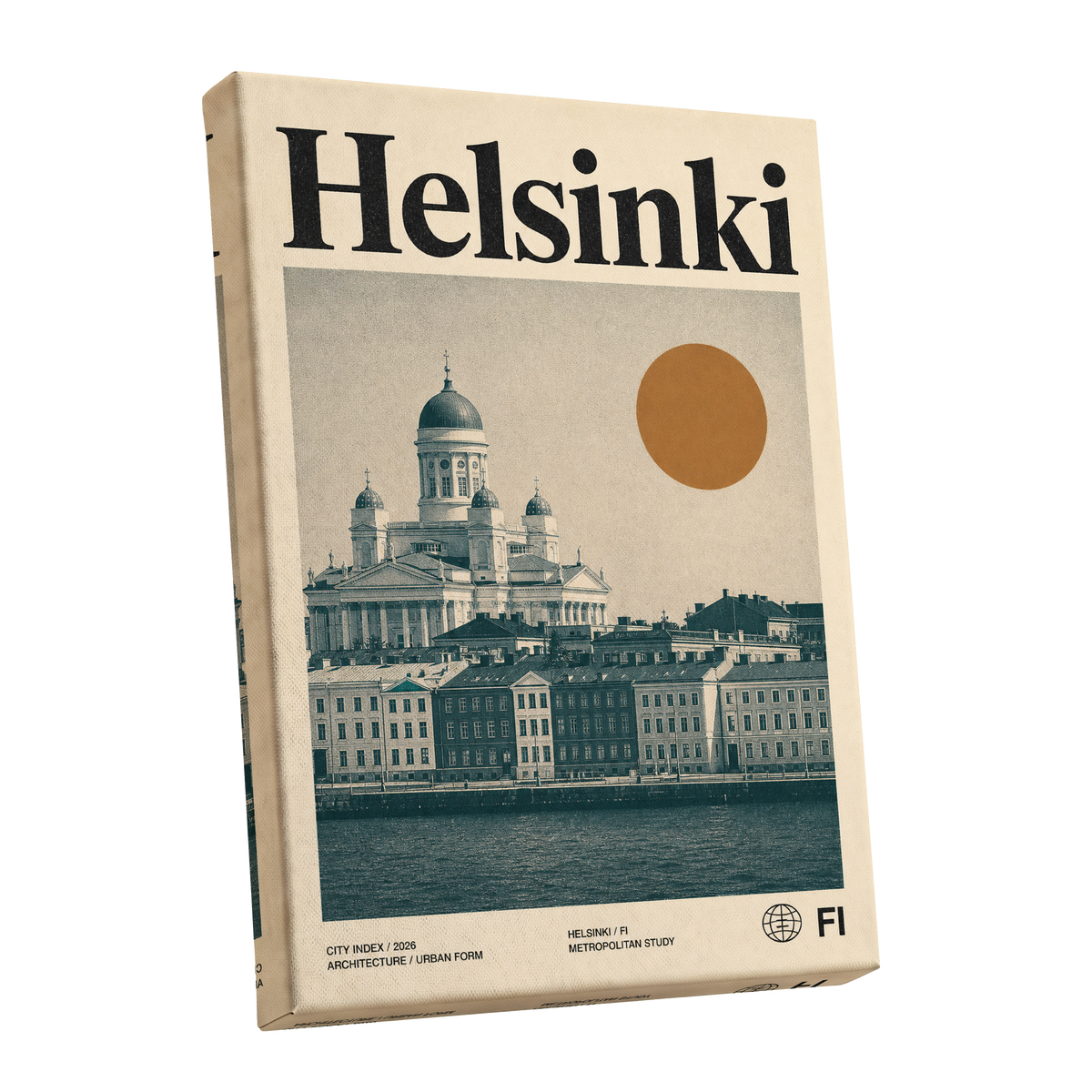 Helsinki Ochre Skyline, beige, green, orange minimalist wall art shown as a stretched canvas wall art