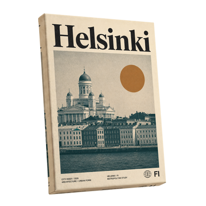 Helsinki Ochre Skyline, beige, green, orange minimalist wall art shown as a stretched canvas wall art