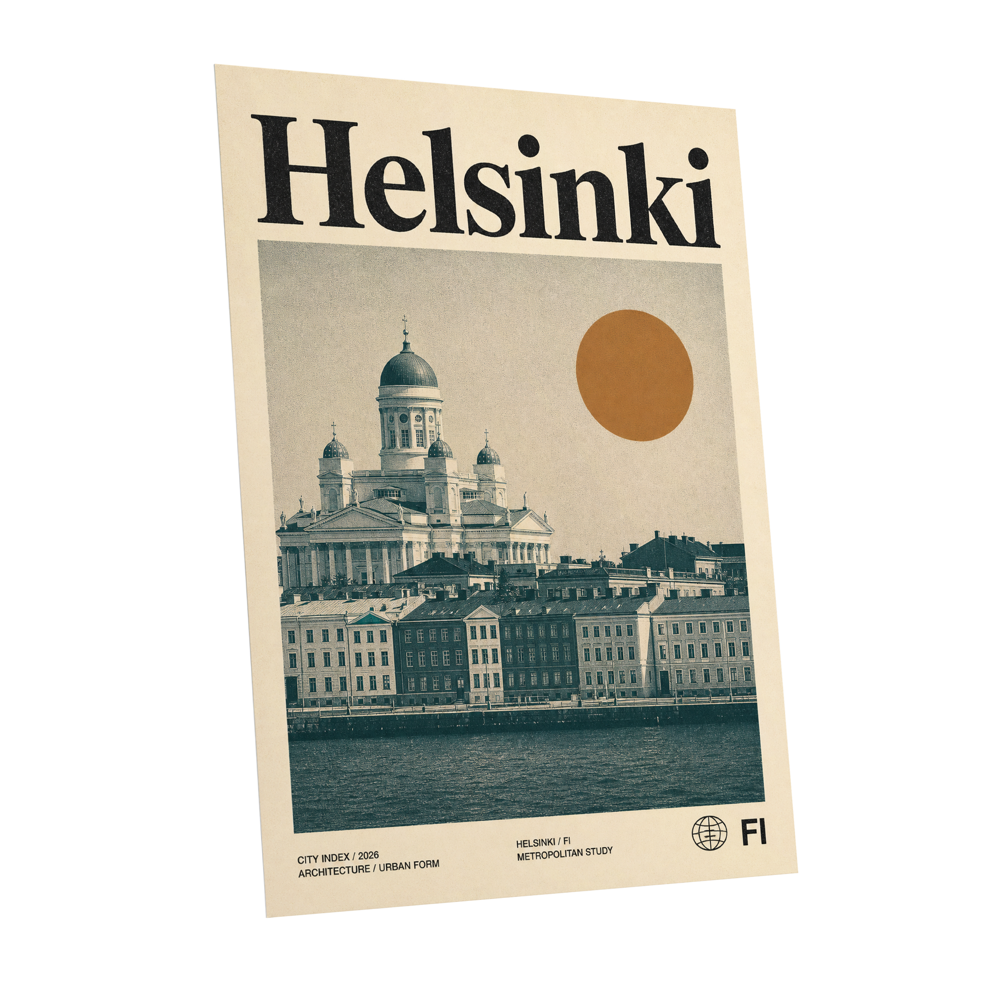 Helsinki Ochre Skyline, beige, green, orange minimalist wall art shown as a unframed poster wall art print