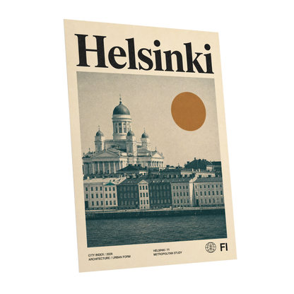 Helsinki Ochre Skyline, beige, green, orange minimalist wall art shown as a unframed poster wall art print