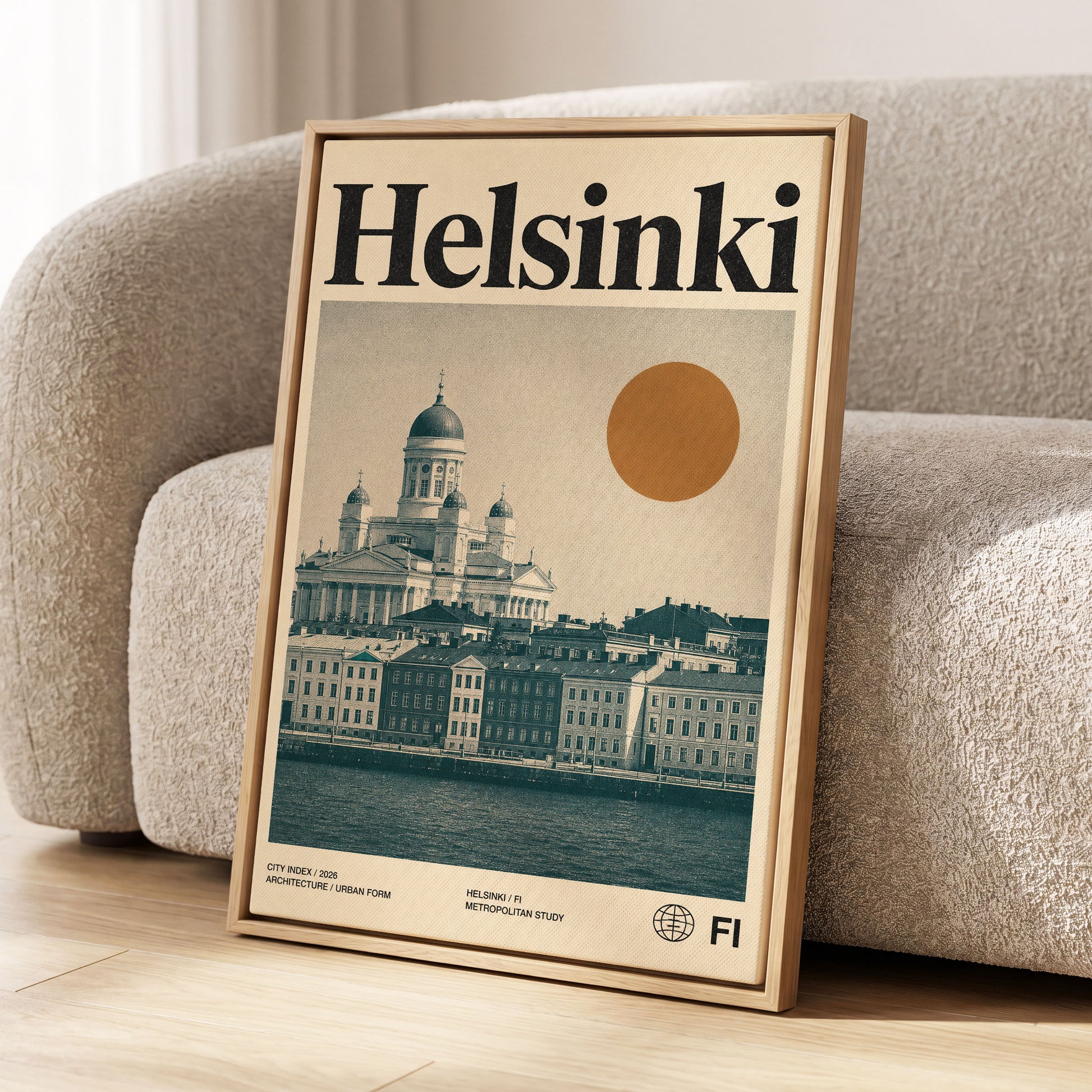 Helsinki Ochre Skyline, beige, green, orange minimalist wall art displayed in a styled interior, gallery view 1